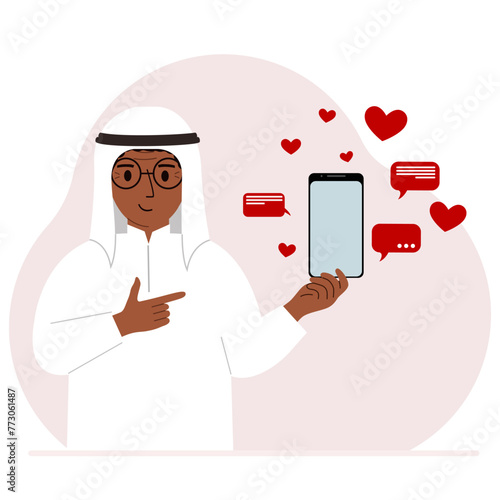 A man with a smartphone in his hand. The concept of correspondence, communication, social networks. Lots of hearts. Vector flat illustration