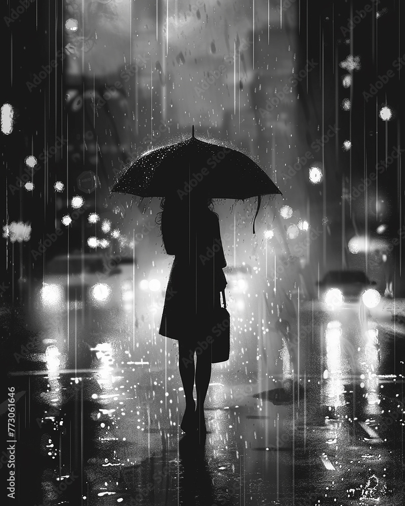 black and white photo of a woman in the rain