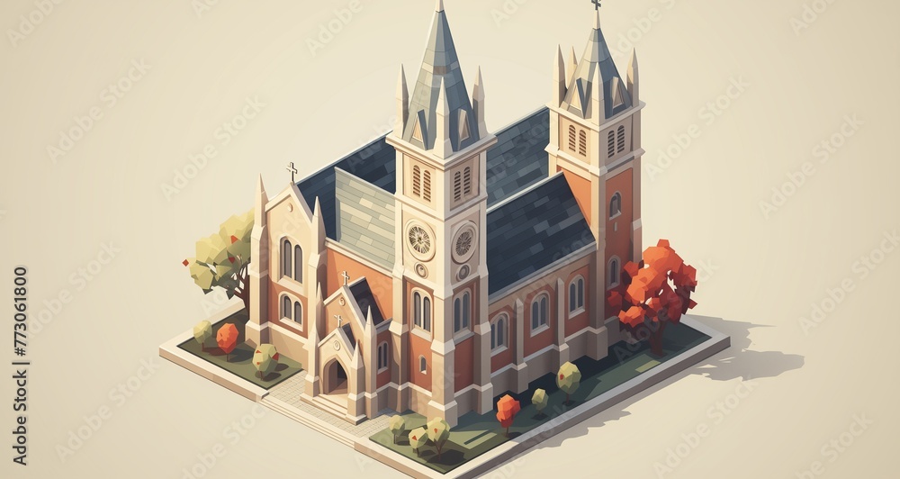 Church cathedral neighborhood isometric vector image.