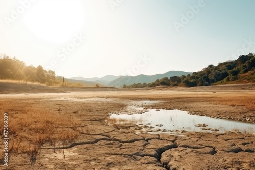 Parched riverbed reflecting climate change impact, surrounded by dry grass and hills under a clear sky. Sunlit Dry Riverbed with Distant Hills