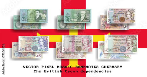 Vector set of pixel mosaic banknotes of Guernsey. Collection of notes in denominations of 1, 5, 10, 20 and 50 pounds. Obverse and reverse. Play money or flyers.