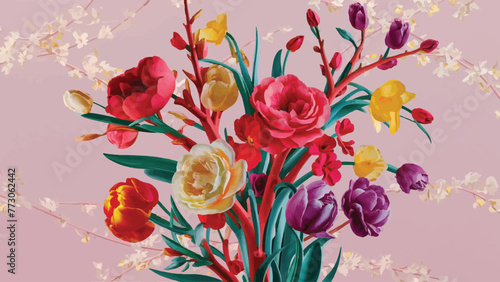 Vibrant Blooms: Spring Design with Colorful Flowering Branches on a Light Pink Background