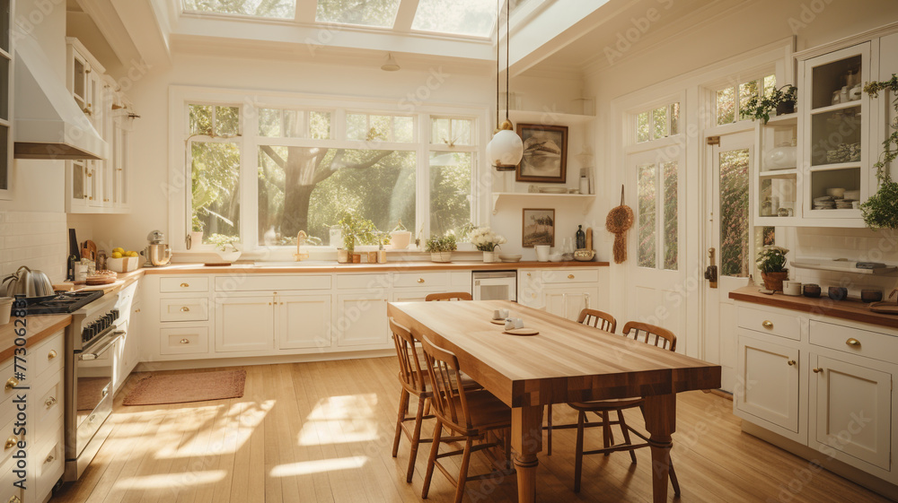 A kitchen with a wooden table and chairs, and a large window letting in sunlight
