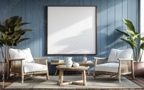 Mockup frame close up in coastal style home interior background  3d render