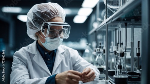 A Portrait of a Research Scientist, Focused and Wearing a Mask, Conducting Research in a Modern Lab That Has the Potential to Lead to New Treatments for Patients Battling