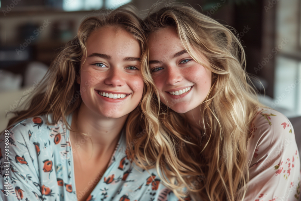 two beautiful lady wearing pyjamas smiling towards the camera two beautiful lady wearing pyjamas smiling towards the camera