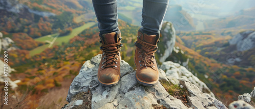Feet in hiking boots on top of a mountain overlooking a beautiful autumn valley landscape.