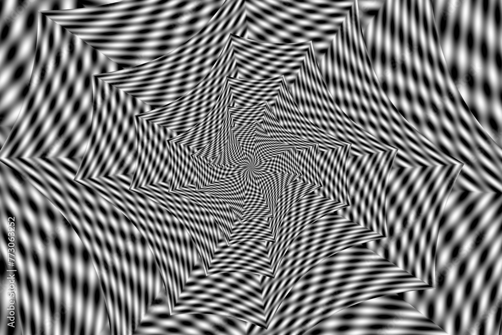 Fototapeta premium Fraktalny spiralny układ geometrycznych kształtów o teksturze rozmytej biało - czarnej szachownicy. Abstrakcyjne tło graficzne