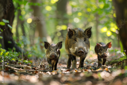 Immerse yourself in the tranquility of the forest as a wild boar family, with their adorable baby, meanders through the verdant foliage.