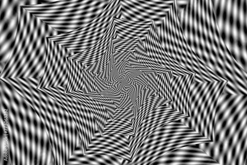 Fraktalny spiralny układ geometrycznych kształtów o teksturze rozmytej biało - czarnej szachownicy. Abstrakcyjne tło graficzne © ellaa44