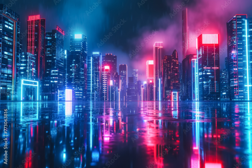 Futuristic Cityscape Reflections in Water, Vibrant Neon City Lights