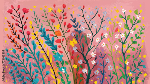 Vibrant Blooms: Spring Design with Colorful Flowering Branches on a Light Pink Background