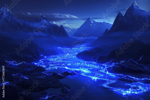 Fantastical Luminous Blue River Flowing Through a Mystical Mountain Landscape