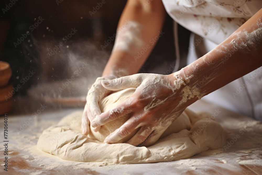 a person kneading dough on a table