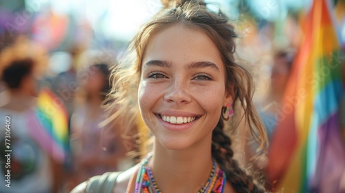 a smiling girl at a demonstration for the rights of sexual minorities photo