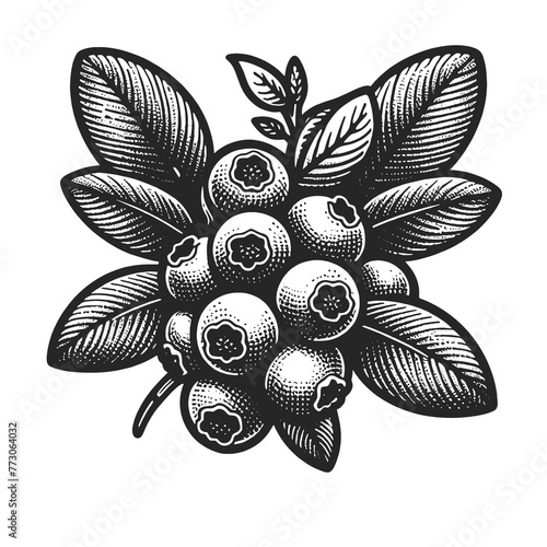 blueberry branch with detailed berries and leaves sketch engraving generative ai raster illustration. Scratch board imitation. Black and white image.