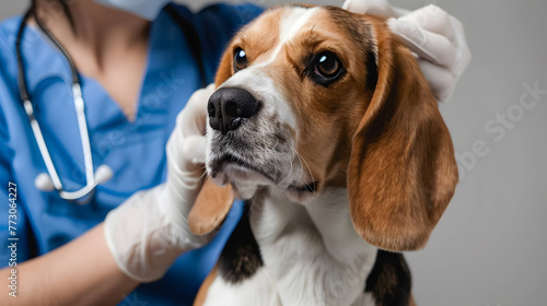 Cropped view of veterinarian examining beagle dog isolated on grey