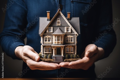 a person holding a model house