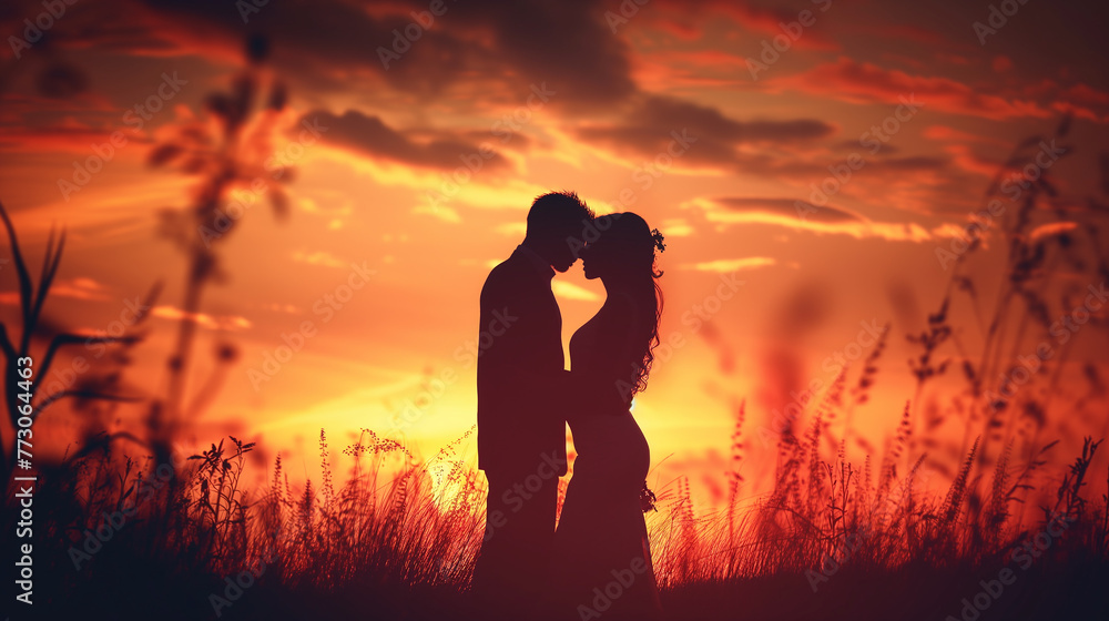 couple admiring the sunset, summer evening, flowers