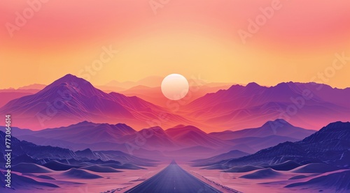 Sunset on the Road A Vibrant Journey Through the Mountains Generative AI photo