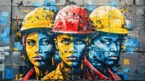 Colorful mural of construction workers wearing hard hats painted on a wall with a distressed red and white background,Labor day concept 