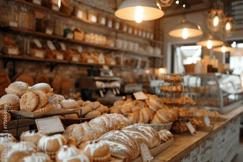 Artisanal Bakery Shop Interior with Freshly Baked Bread and Pastries on Display