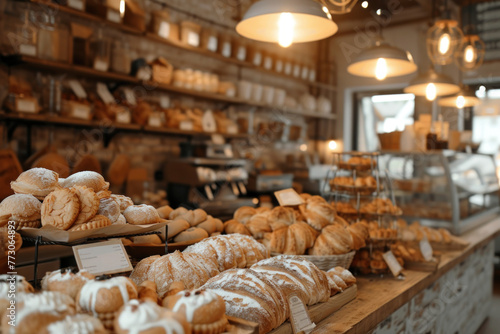 Artisanal Bakery Shop Interior with Freshly Baked Bread and Pastries on Display