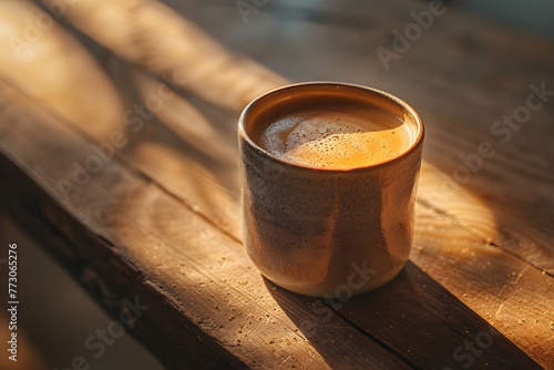 Cortado coffee in a handmade ceramic mug on a wooden table at golden hour photo