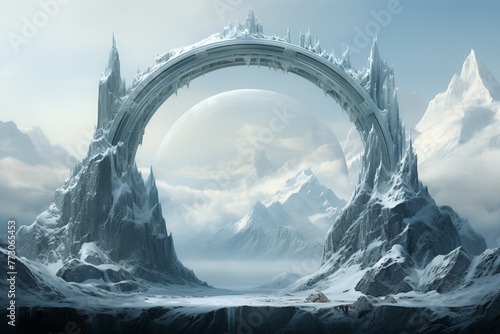 A hyper-realistic albertype image showing the intricate details of a stent with the concept of freedom and glaciers beyond the horizon