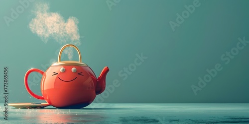a charming red tea kettle character with a smiling face whistling happily as steam rises from its spout photo