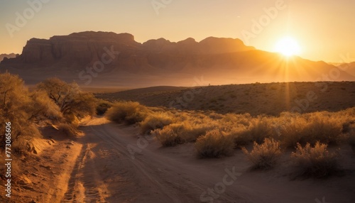 A tranquil desert scene at sunset, featuring a winding dirt road, perfect for serene stock photography. photo