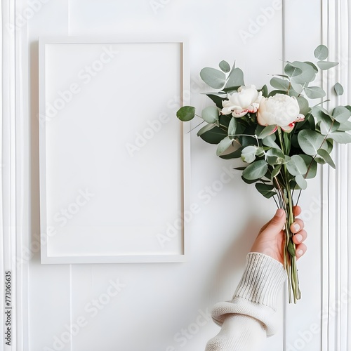  A Hand is hoding a wedding rose flower and bank frame generative AI photo