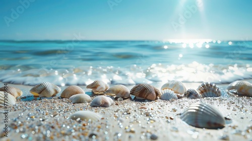 The sea, white sandy beach, shells lined up, clear sky