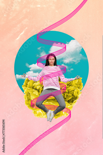 Abstract template graphics collage image of dreamy lady practicing yoga isolated colorful background