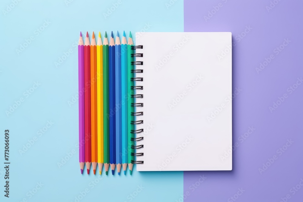 Colorful pencils aligned next to a blank notebook, embodying creative expression. Creative Pride Concept Colorful pencils aligned next to a blank notebook, embodying creative expression. Creative Pride Concept