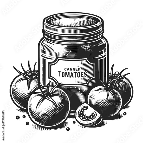 Canned tomatoes mason jar filled with ripe tomatoes and leaves sketch engraving generative ai fictional character raster illustration. Scratch board imitation. Black and white image.