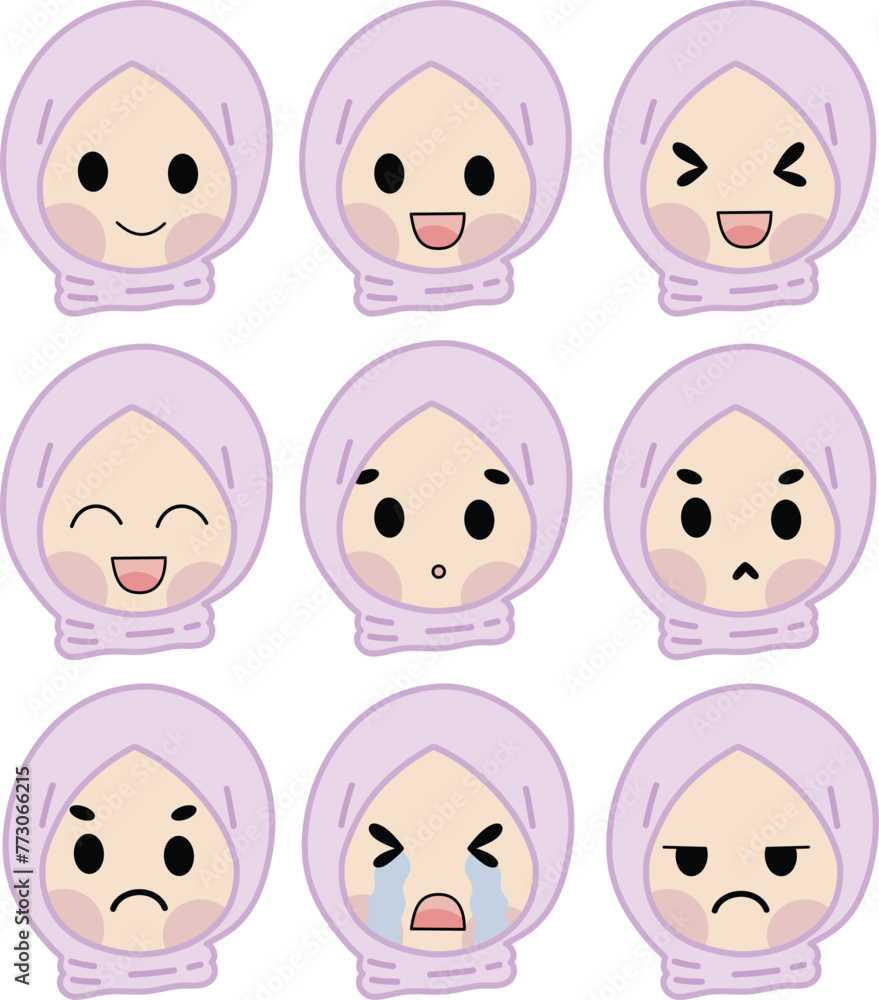 Purple hijab chibi girl head expression. various expression. angry smile sad. expression vector Purple hijab chibi girl head expression. various expression. angry smile sad. expression vector