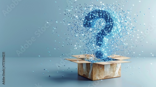 Flying blue question marks coming from an open box. Low poly style design. Geometric background. Wireframe light connection structure. Modern graphic design concept. Isolated modern illustration. photo