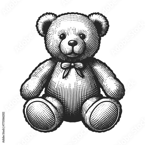 classic teddy bear toy with a bow tie in engraving style sketch engraving generative ai fictional character raster illustration. Scratch board imitation. Black and white image. © Oleksandr Pokusai