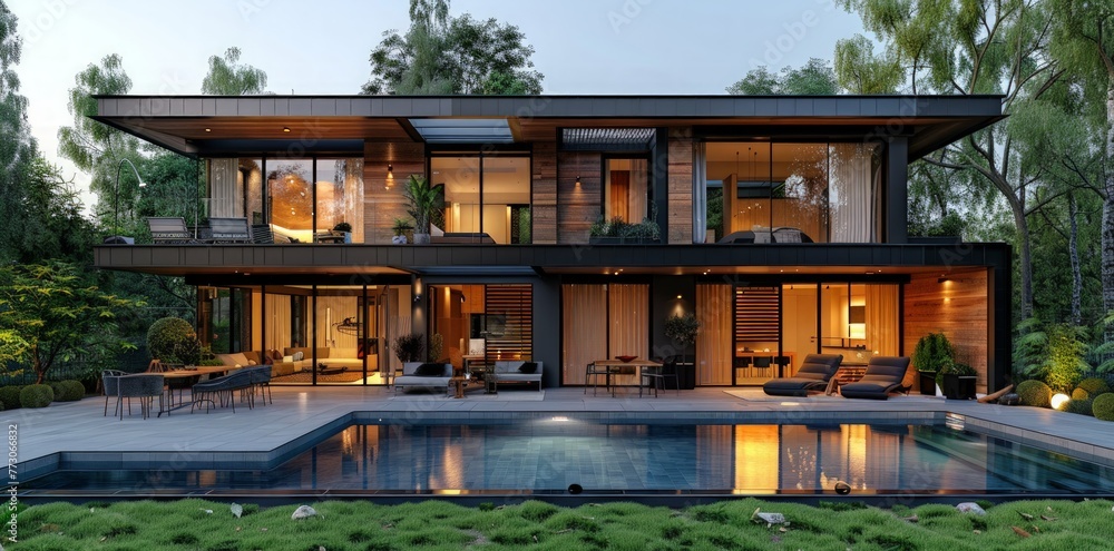 Modern house with solar panels on the roof and swimming pool Modern house with solar panels on the roof and swimming pool