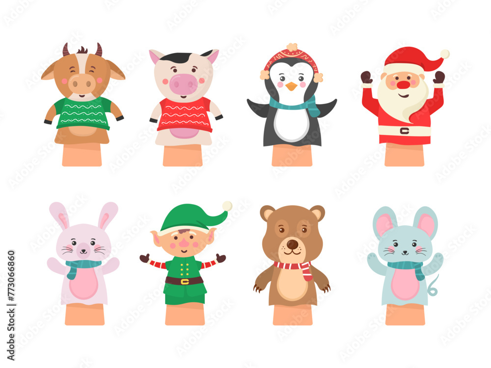 Cartoon vector icon isolated on white background theater puppets. Hands puppets play doll, cute and funny animals. Dolls from socks on hands and fingers toys for kids vector funny characters Cartoon vector icon isolated on white background theater puppets. Hands puppets play doll, cute and funny animals. Dolls from socks on hands and fingers toys for kids vector funny characters