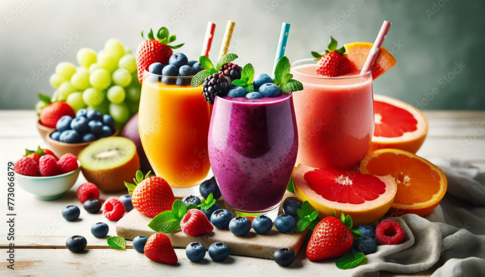 array of colorful smoothie drinks with fresh fruits and berries, served in tall glasses. array of colorful smoothie drinks with fresh fruits and berries, served in tall glasses.