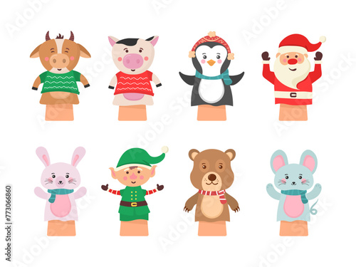 Cartoon vector icon isolated on white background theater puppets. Hands puppets play doll, cute and funny animals. Dolls from socks on hands and fingers toys for kids vector funny characters