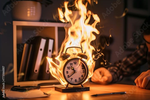person shocked by a burning alarm clock on desk