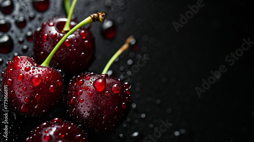 Black background with ripe red cherries, water drops