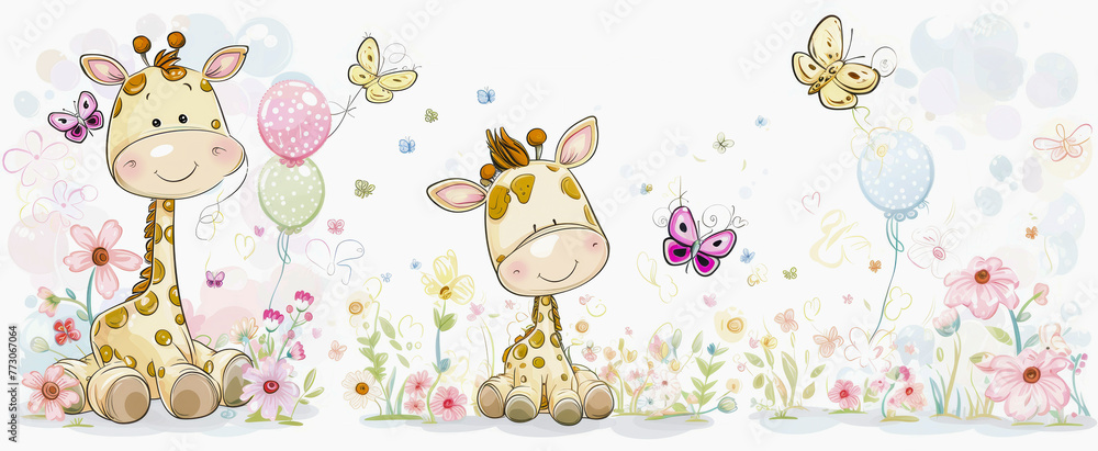 Illustration of two cute giraffes with playful expressions among flowers, butterflies, and balloons, in a whimsical, child-friendly style. Illustration of two cute giraffes with playful expressions among flowers, butterflies, and balloons, in a whimsical, child-friendly style.