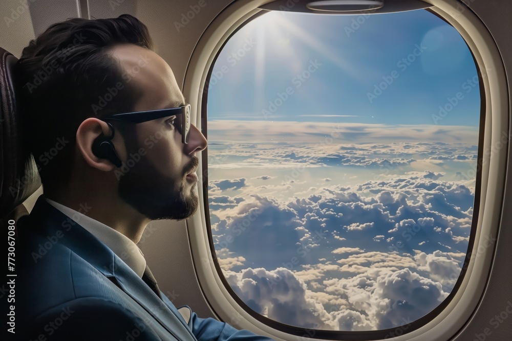 entrepreneur on a video call, airplane window with clouds entrepreneur on a video call, airplane window with clouds