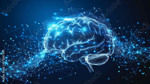 Blue abstract brain. Brain anatomy. Scheme of brain parts. Geometric background. Wireframe frame of light connection. Modern 3D graphic concept. Modern illustration. photo