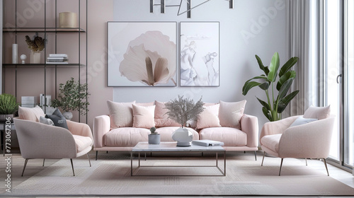 A chic living room with hints of light pink in its decor exudes contemporary elegance. The spacious layout includes a designated area for personalized additions in the copy space provided. 8K. photo