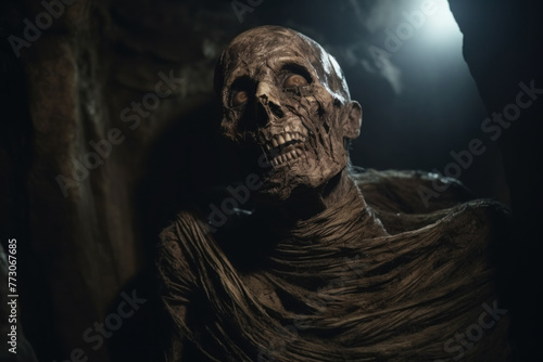 Ancient Mummy with a Gruesome Expression in a Dark Tomb